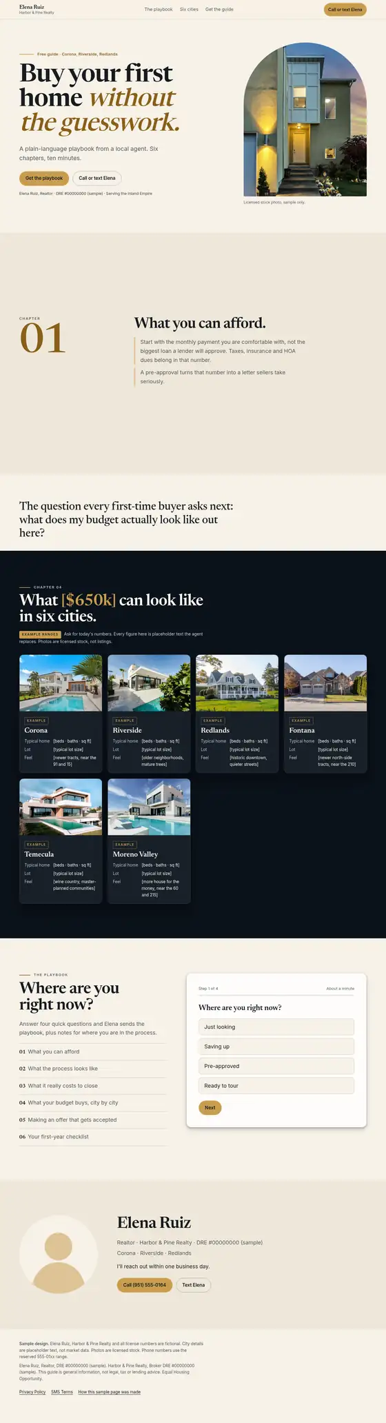 Preview of the first-time buyer guide sample page, with chapters and a three-city comparison